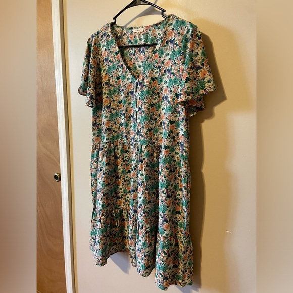 JODIFL Floral Teal/Pink Short Flutter Sleeve Dress Button Front Tiered Small - Picture 2 of 11